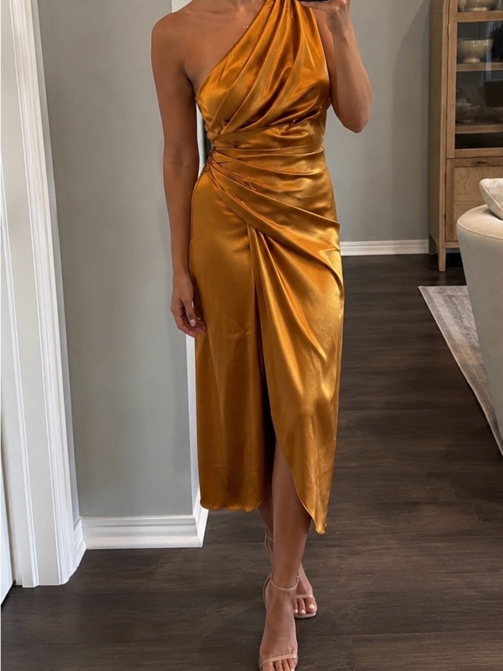DO+BE One-Shoulder Satin Draped Dress in Mustard Gold